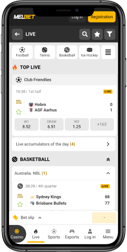 Mobile screenshot of the MelBet live sport page