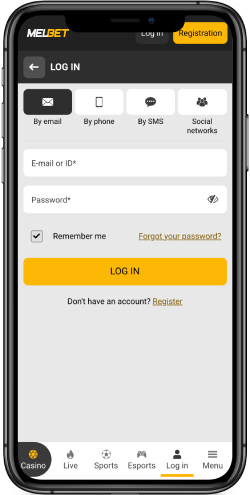 Mobile screenshot of the MelBet login page