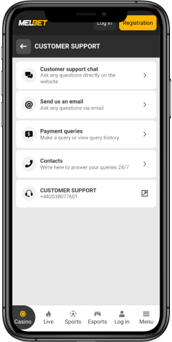 Mobile screenshot of the MelBet support page