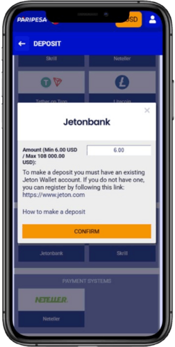 Screen of Paripesa payment options