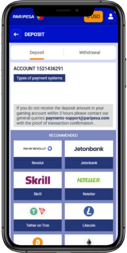 Screen of Paripesa payment options