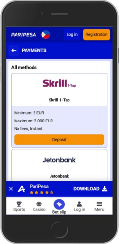 Screen of Paripesa payment options