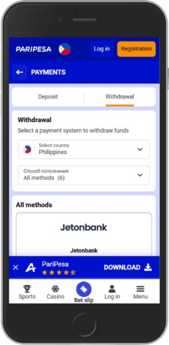 Screen of Paripesa payment options