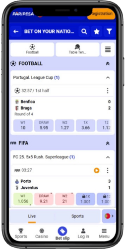 Mobile screenshot of the Paripesa sports page