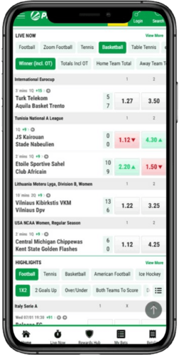 Screenshot of the sports page