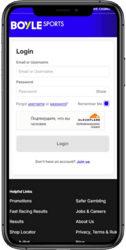 Mobile screenshot of the BOYLE Sports login