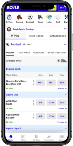 Mobile screenshot of the BOYLE Sports sports betting info