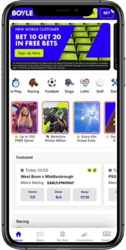 Mobile screenshot of the BOYLE Sports sports betting page