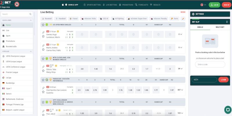 The screenshot of 22Bet main sport page