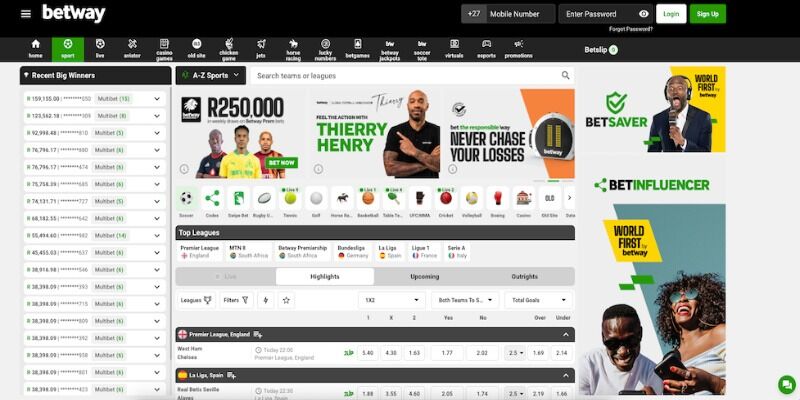 The screenshot of Betway main sport page