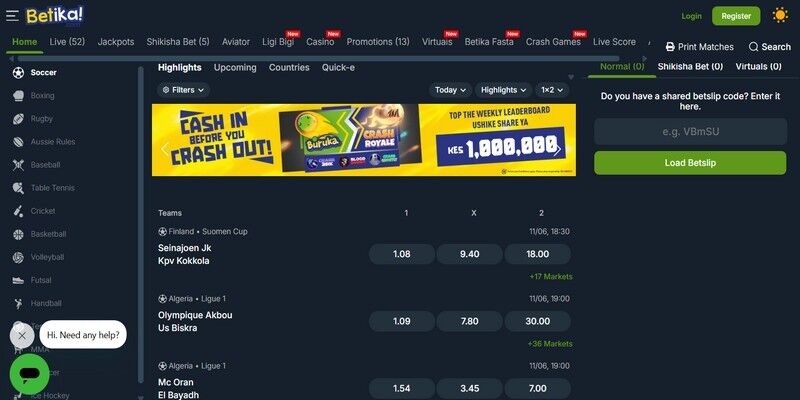 Screenshot of the bookmaker's sports page Betika