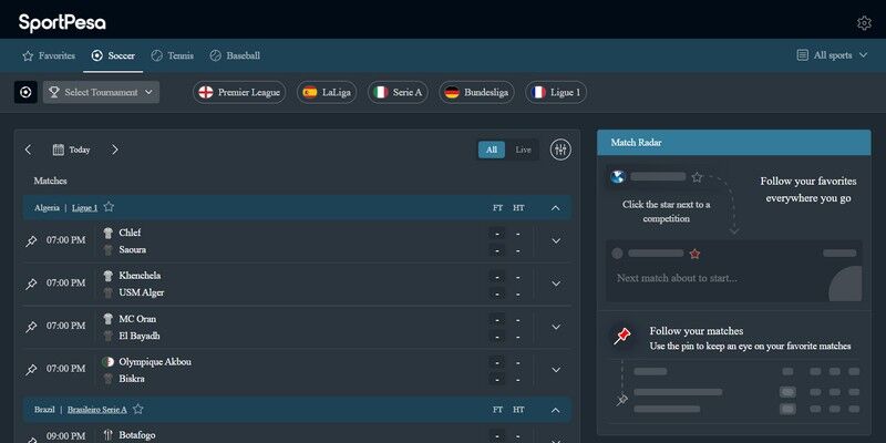 Screenshot of the bookmaker's sports page SportPesa