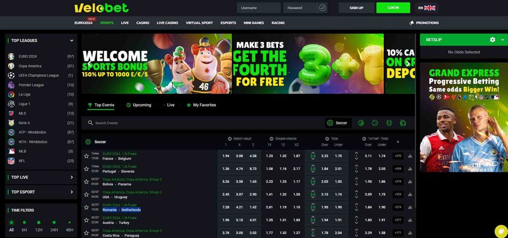 Velobet sports page