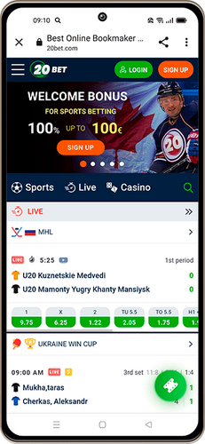 Mobile screenshot of the 20bet live page