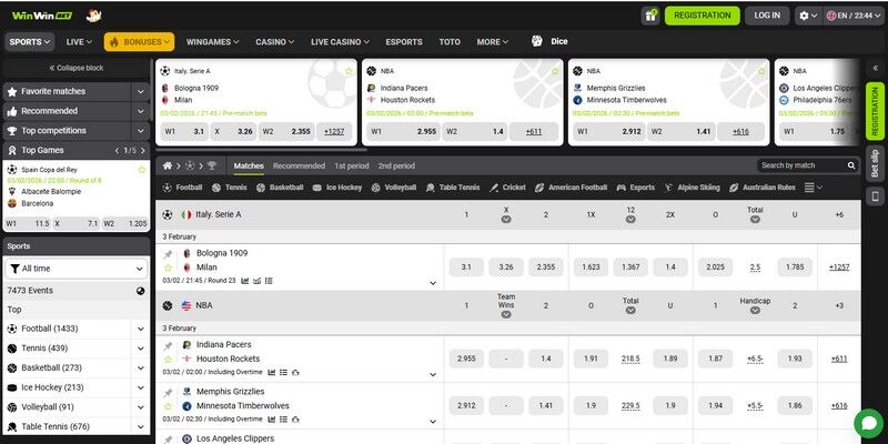 A screenshot of the WinWin.bet sports betting page