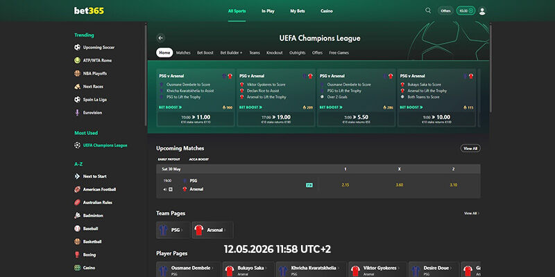 Website for Champions League bets - Bet365