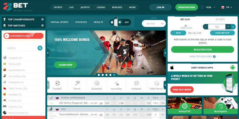 22bet main page screenshot