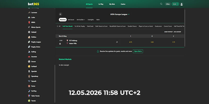 Website for Europa League bets - Bet365