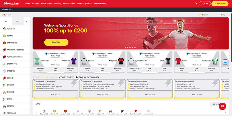 Screenshot of the Monoplay sport page