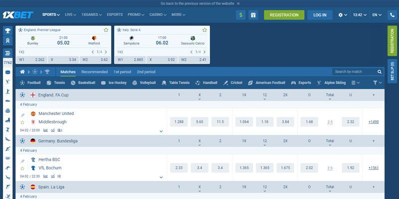 1xbet sports page