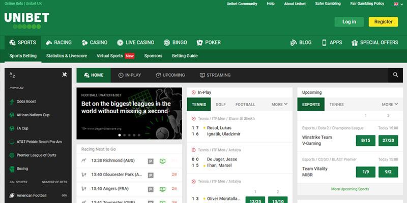 New bookmaker Unibet sports page