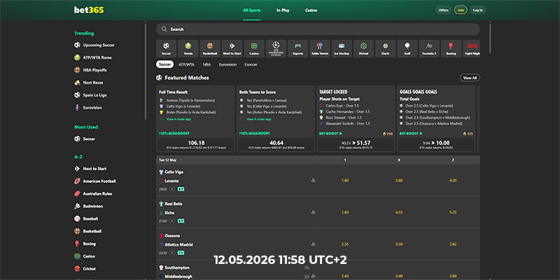 Screenshot of the bet365 sport page