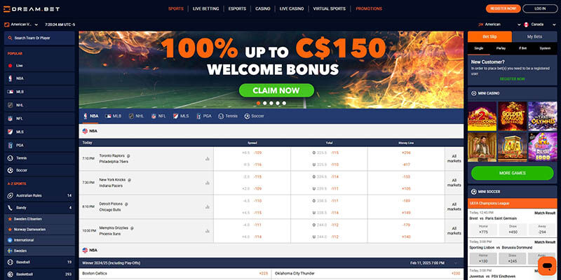 Screenshot of the Dream.bet sport page