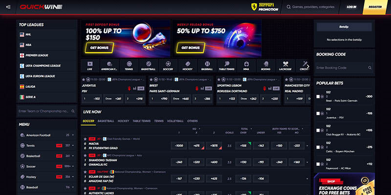Screenshot of the Quickwin sport page