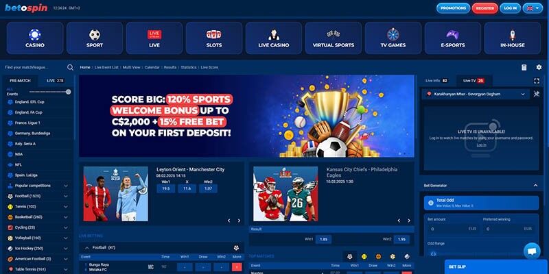 Screenshot of the BetOspin sport page