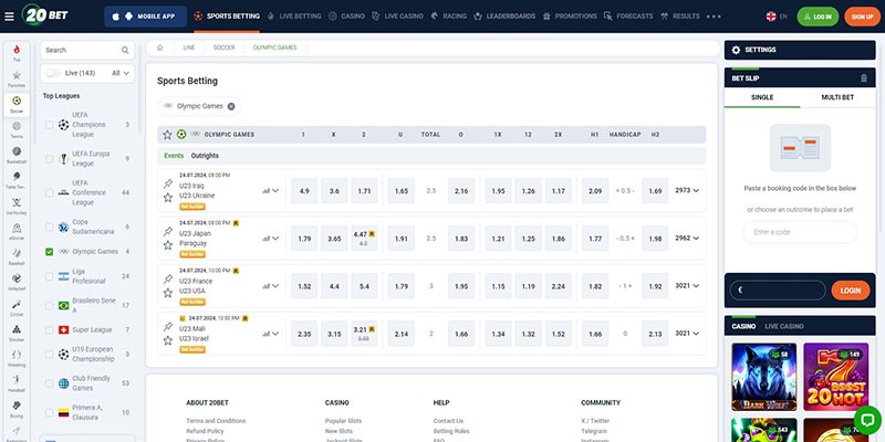 Screenshot of the 20bet sport page
