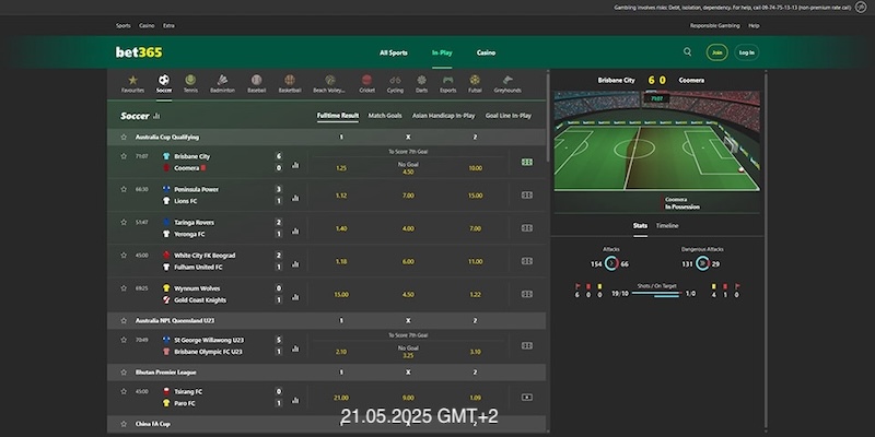 Screenshot of the bet365 sport page