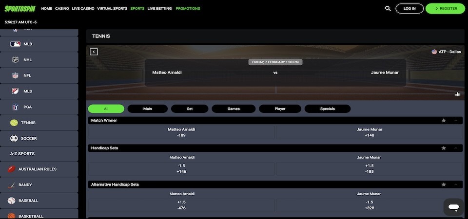 Screenshot of the SportoSpin sport page for tennis