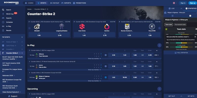 Screenshot of CS2 betting at Boomerang