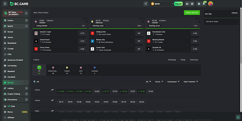 Screenshot of the BC.GAME sport page