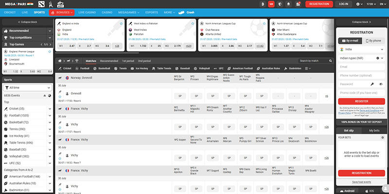 Screenshot of the Megapari sport page