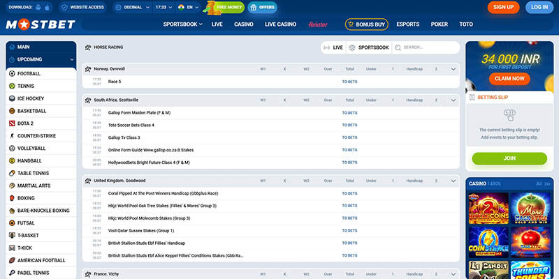 Screenshot of the Mostbet sport page