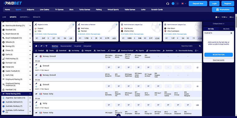 Screenshot of the Paidbet sport page