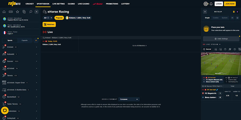 Screenshot of the Rajabets sport page