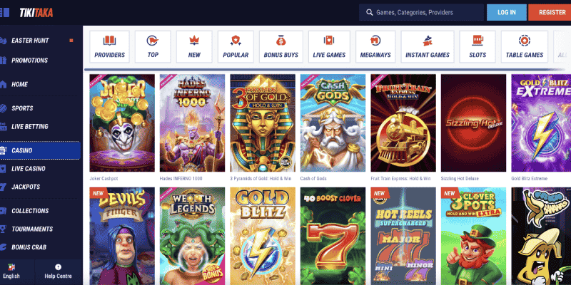 Screenshot of the casino page Tikitaka