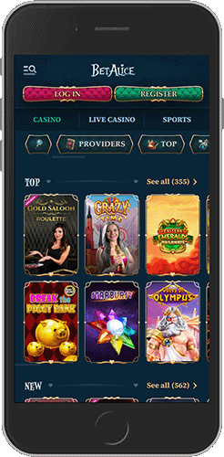 Mobile screenshot of the BetAlice casino page
