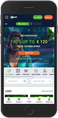 Mobile screenshot of the 20Bet casino page