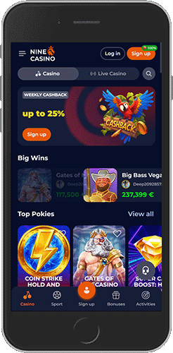 Mobile screenshot of the NineCasino casino page