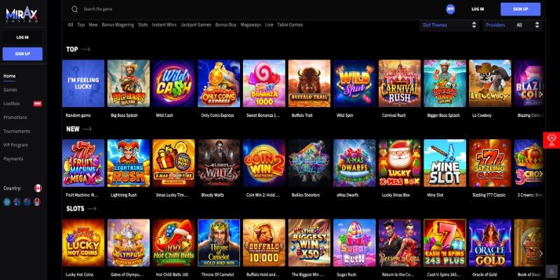 The screenshot of Mirax Casino main page