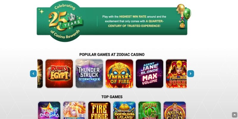 The screenshot of Zodiac Casino main page