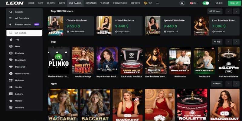 Screenshot of Leon live casino page