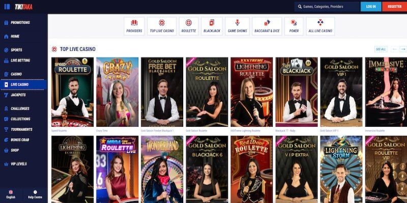 Screenshot of Tikitaka live casino page