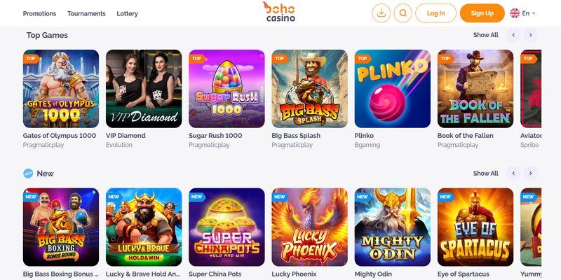 Screenshot of Boho casino page
