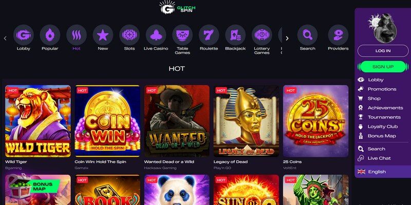 Screenshot of Glitch Spin casino page