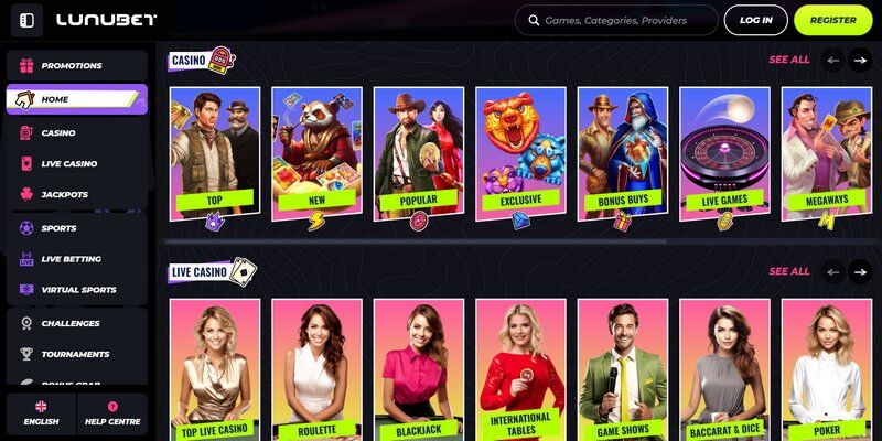 Screenshot of LunuBet casino page