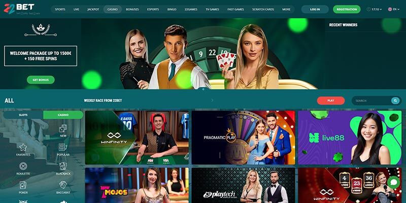 Screenshot of the 22bet casino page